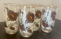 Vintage MCM Floral Highball Glasses Brown Poppies Gold Rim Set of 4 Retro