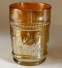 Antique Dugan Beaded Stork and Rushes Paneled Carnival Glass Tumbler 4”