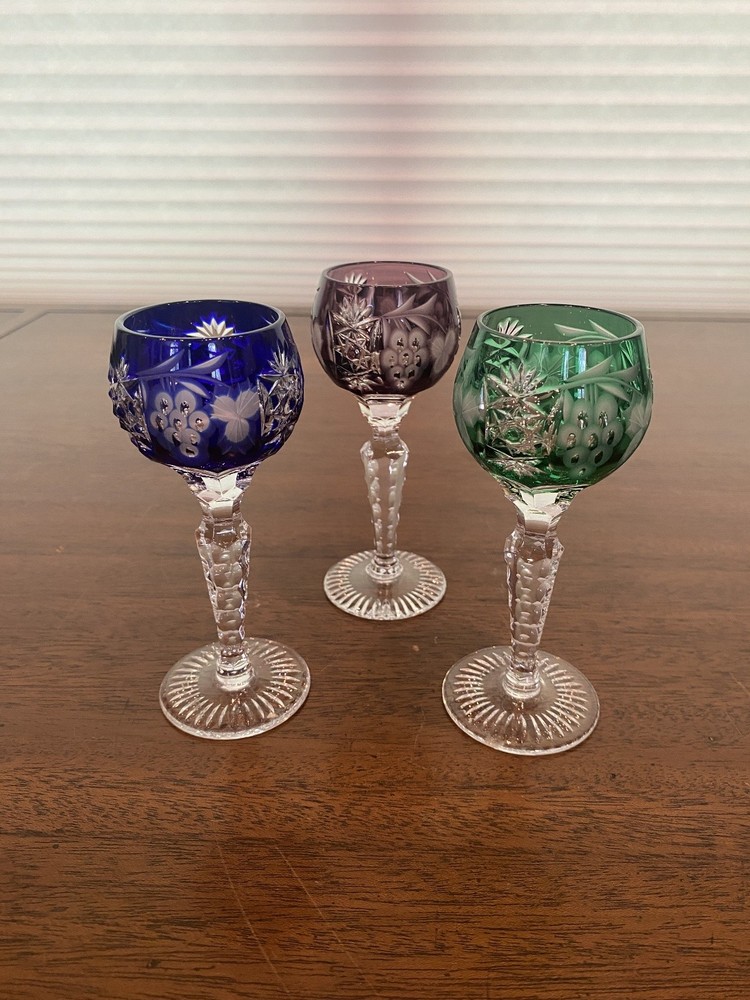 STUNNING SET(3) VTG AJKA MARSALA Multicolored Cut To Clear Cordial Glasses 5″H
