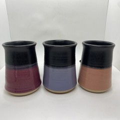VTG Geff Reed Stoneware Coffee Tea Mug Set Purple Pink Wine Black Artist Signed