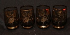 4 Smoke Black Glass Vintage Retro MCM Gold Foil Leaf Design Shot Glasses