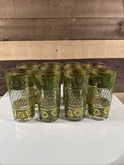 8 Vintage Culver Signed 22k Gold Leaves Green Band Lattice Highball Glasses