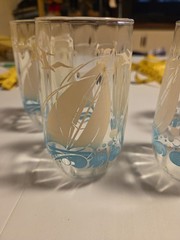 Vintage Mid Century Nautical Glasses 4 Sailboats, Teal Blue Waves, Birds