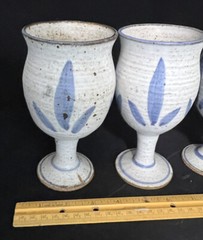 Stoneware Pottery Goblets Wine Glasses Blue And White Set of Four 6.25” Vintage