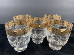 Culver Tyrol Footed Set If 5 Tumbler Rocks Glass With Gold Trim
