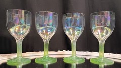 4 Vintage Iridescent Optic Rib Green Stem Sherry Aperitif Cordial Glasses Set