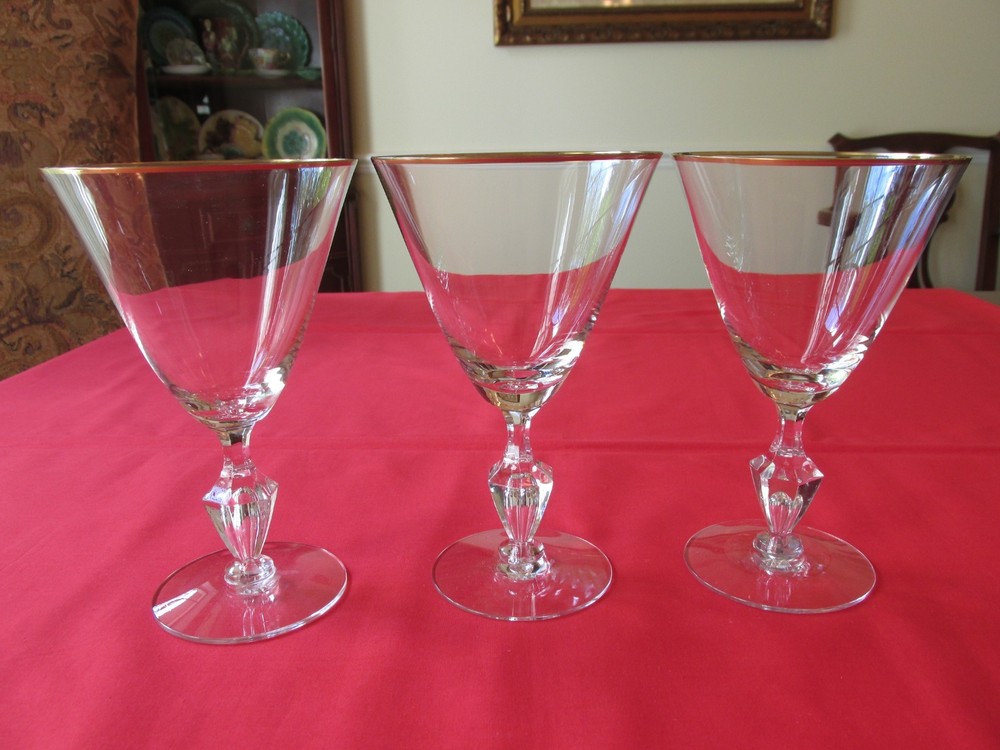 Set 3 Tiffin-Franciscan MANSFIELD Gold Rim Crystal 11oz Water Goblets 6 1/2″ B