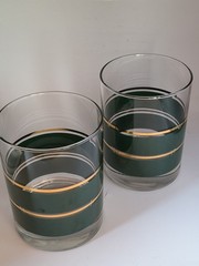 Vintage Noritake Coventry 2797 Green Gold Band Lowball Rocks Glasses DOF Set of