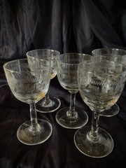 SET of 5 Fostoria Greek Key 5” Wine Port Glass Needle Etched Cordial Edwardian