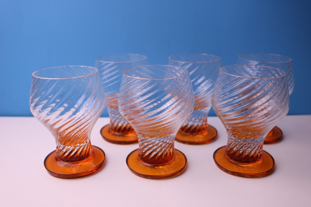 Vintage 6 Cordial Wine Glasses Clear Optic Swirl Glass Thick Stem Amber Foot 4″