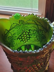 Pretty Green Northwood Carnival Glass Grape & Cable Water Pitcher