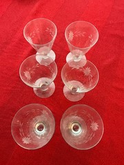 SET OF 6 Vintage Clear Parfait w/Flowers& Leaves 3 1/2″ Across x H 5″ x 2 3/4″