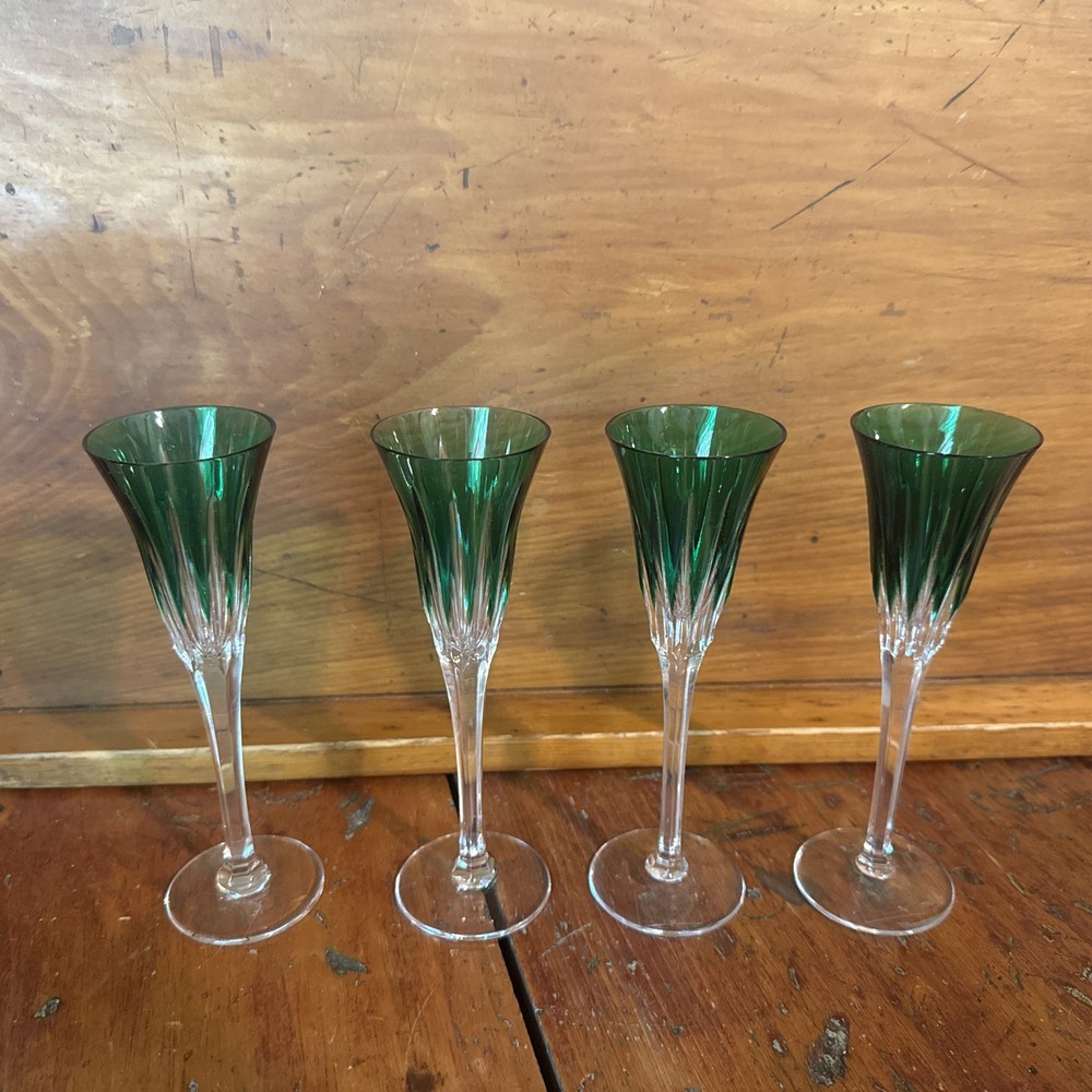 AJKA 6 5/8” Green Cut To Clear Champagne Flutes Vintage Set Of 3 Plus 1 Damaged