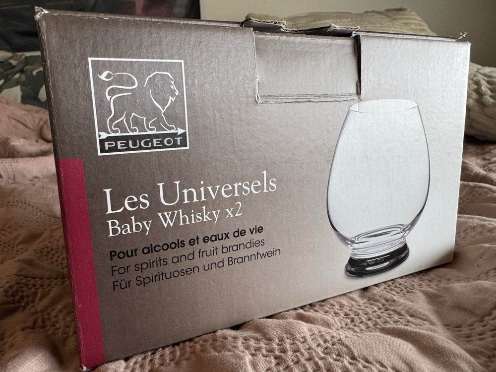 Peugeot France Glass Set of 2 Baby Whiskey Glasses “Les Universal” Glen Carin