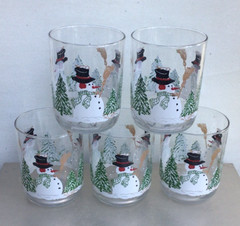 5 Libbey SNOWMAN WITH PINE TREES Winter or Christmas Lowball Old Fashioned Glass