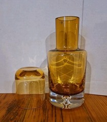 VTG Krosno Poland Amber Glass Decanter Bar Set w/ Stopper + 4 Glasses MCM Bubble