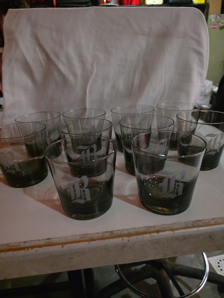 Vintage Libbey smoked glass small tumblers with monogram B on them Set of 10