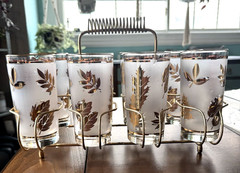 Vintage Libbey Golden Foliage Frosted Glass Tumbler Set 8 Glasses with Caddy