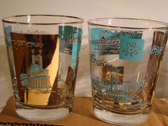 8 Libbey Steamboat Bar Glasses Gold & Blue 3.5 Inches Tall Southern Comfort