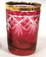 Antique Wheel Cut Ruby Flash Glass Tumbler w/ Brass Holder – Stars & Moons