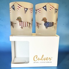 Culver Frosted Patriotic July 4th BICYCLE Dachshunds Glasses Set NEW IN BOX