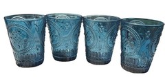 VTG Blue Teal Flash Embossed Drinking Glass Tumblers 4 1/4” Lot Of 4 READ