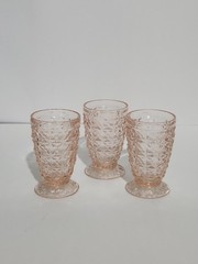 3 Vintage Jeannette Glass Pink Holiday Buttons and Bows 5oz Footed Tumblers 4″