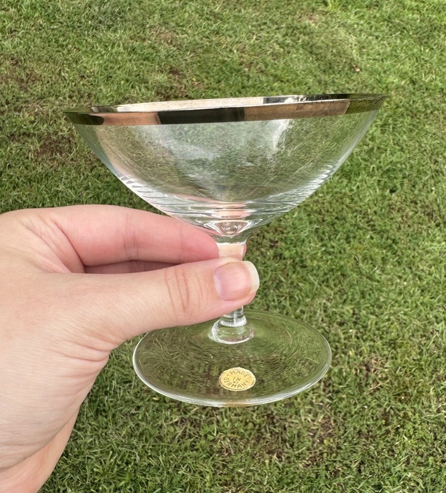 Vintage 1950’s Hand Blown Crystal Wine Goblets Platinum Rim W. Germany Set Of 2