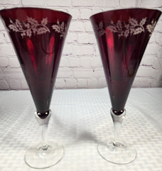 Vintage Lenox Holiday Gems Ruby Water Glasses Etched 9 3/4″ Size Lot Of 2