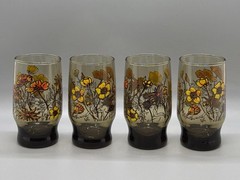 Set of 4 Vtg Smoky Amber Brown Glasses Yellow Gold Orange Daisies Poppies Floral