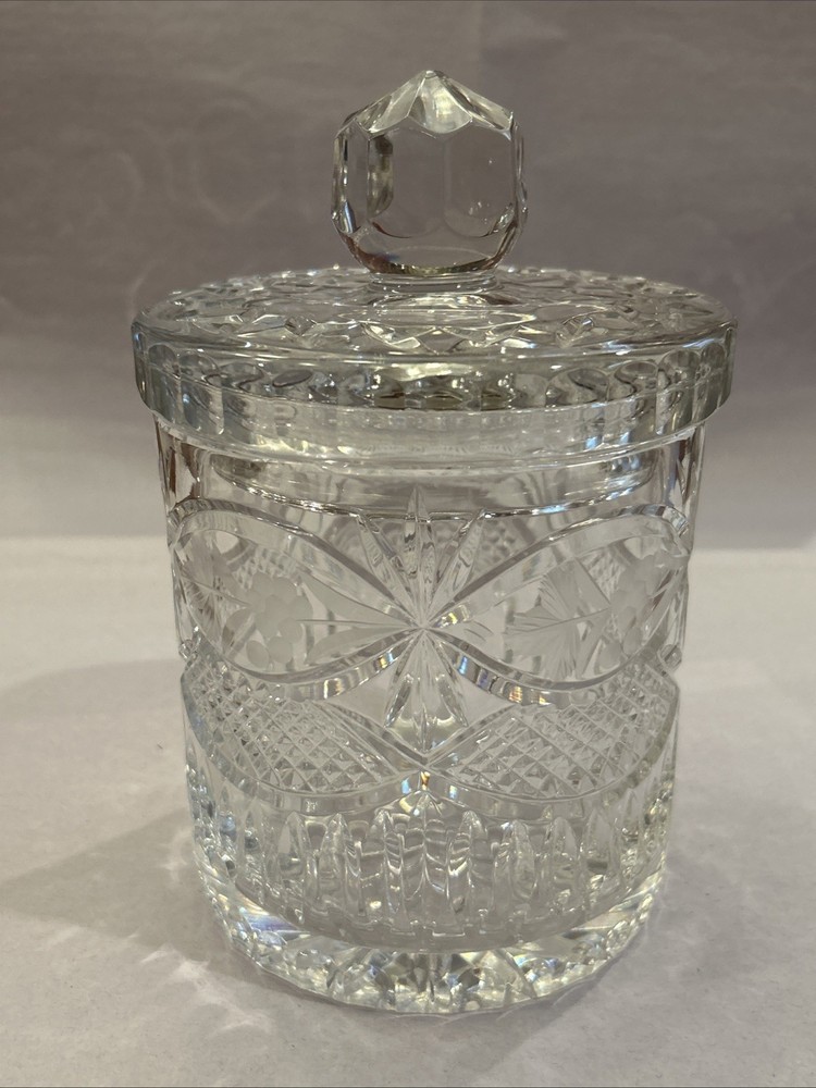 Vintage Lead Crystal Clear Biscuit Cookie Jar Container Chardoney Pattern Poland