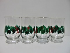 4 Libbey Holly And Berry Hurricane Style 12 oz Flat Tumblers LRS19 Gold Rim (OC)