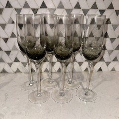Pier 1 Crackle Glass Champagne Flutes Glasses Smoke Gray Set of 6 Discontinued