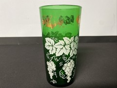Vintage Forest Green Gold And White Pattern 6” Tumbler Glass Used Lot Of 7
