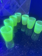 Vintage Fenton Topaz Uranium Opalescent Hobnail Vaseline Glass Set Of 7 Pcs,Cups