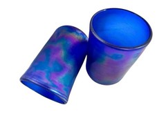 Mouth blown Art Glass Cobalt Blue Iridescent Tumblers Drinking Glasses Pair