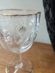 Lobmyer Quatrefoil Lobed Enamel Glass Wine Goblet Floral & Gold