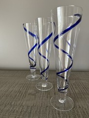 3 Pier 1 Imports Cobalt Blue Swirline Hand Blown Footed Pilsner Beer Glasses