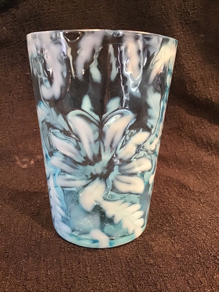 ANTIQUE VICTORIAN NORTHWOOD POINSETTIA BLUE OPALESCENT GLASS TUMBLER 4″