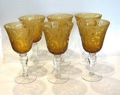 Set Of 6 Vintage Amber Etched Frosted Art Glass Wine Water Goblets 8 1/4”