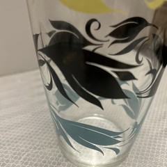Vtg. Retro Hazel Atlas Large Water Beverage Glass Blue Black Yellow Leaf 24OZ