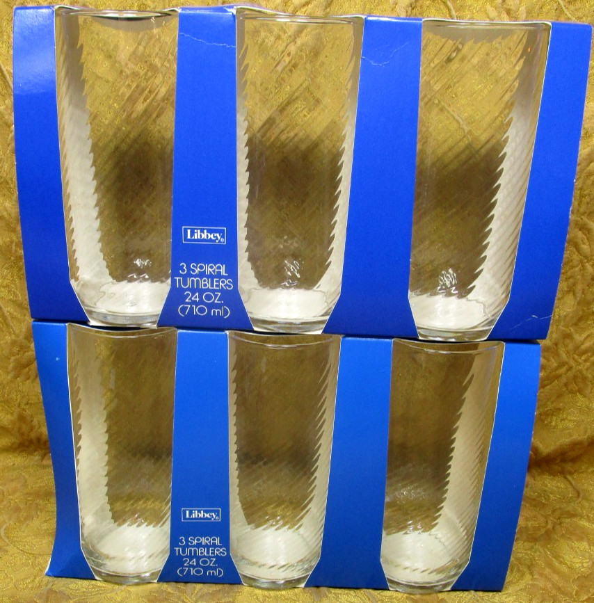 NOS- 6 Libbey USA SPIRAL glass tumblers «Crystal Clear» -24oz cap.-6 3/4″ high