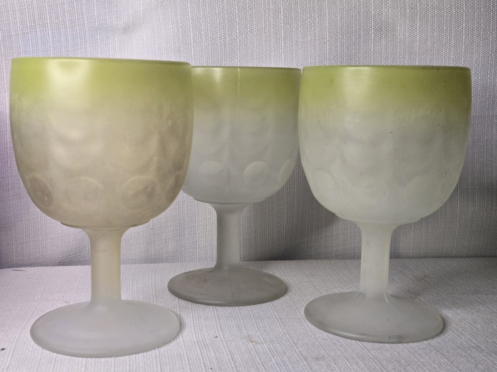 Satin Frosted Yellow RIM Glass Goblet Thumbprint Bartlett Collins Schooner Set 3