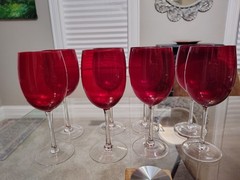 Set of 8 Red Wine Glasses-Tilly Pattern-Crate Barrel-2012-Ruby Red & Clear Glass