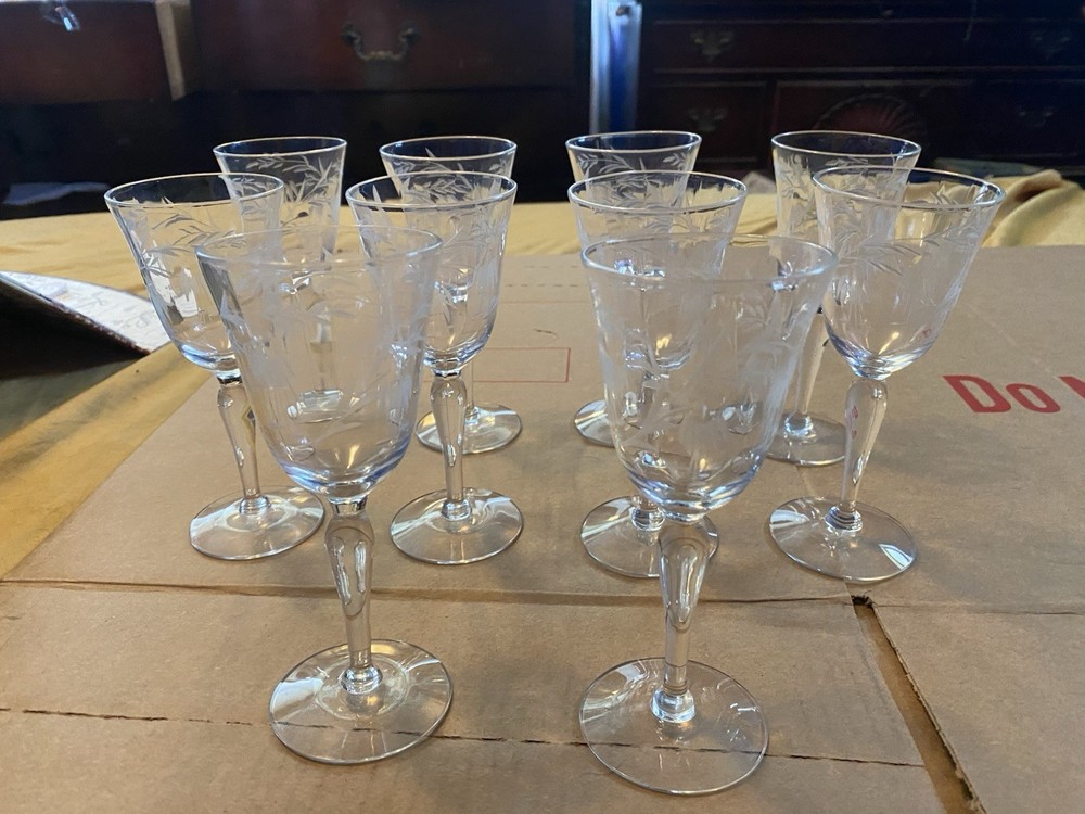 Set of 10 unbranded vintage cordial glasses with deep etched floral pattern