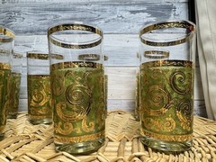 Vtg Culver MCM Baroque High Ball Tumblers 22K Gold 7 Scroll Olive Green