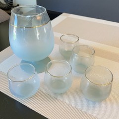 Vintage Frosted Blue Ombre Glass Pitcher & 5 Tumblers Gold Rim | MCM Blendo Set