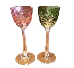 Crystal Glass Roman Green & Pink Overlay Cordial Glasses Color Overlay Gorgeous