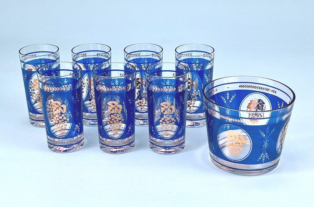 Vintage Hazel Atlas Blue & Gold Barware Set of 7 Highball Glasses and Ice Server