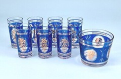 Vintage Hazel Atlas Blue & Gold Barware Set of 7 Highball Glasses and Ice Server
